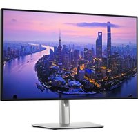 Dell UltraSharp U2725QE 27" monitor, 4K Ultra HD, black bezel, silver stand, displaying cityscape on screen.