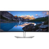 Dell UltraSharp U3824DW monitor, 37.5" curved screen, black bezel, silver stand, displaying a mountain lake scene.