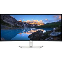 Dell UltraSharp U4025QW monitor, 40-inch, curved screen, slim bezels, silver stand, displaying a scenic mountain lake.