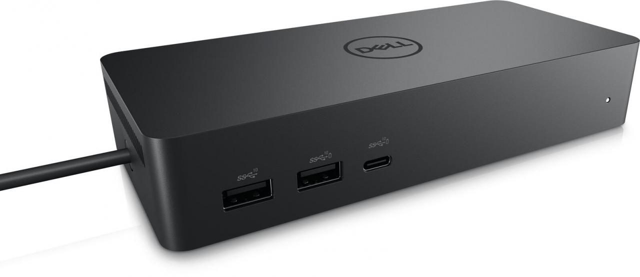 Black DELL Universal Dock UD22 with a sleek design, featuring multiple USB-A and USB-C ports, and a single power cable connection.