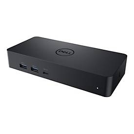Black DELL Universal Docking Station with a sleek design, featuring multiple USB ports and a power indicator light on the front.