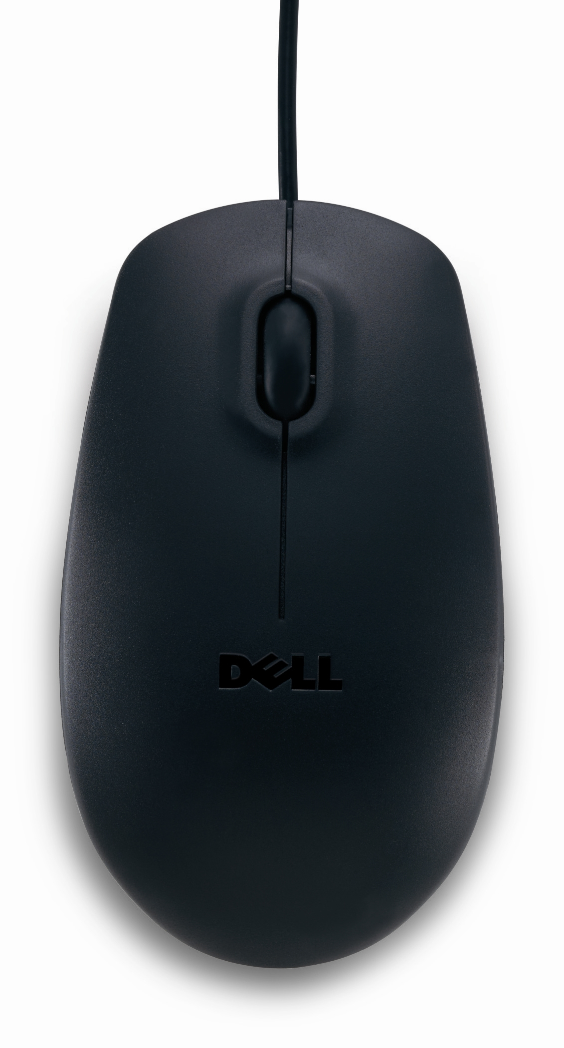 Black DELL USB optical mouse with a smooth plastic surface, featuring a scroll wheel and a central logo, designed for ergonomic use.
