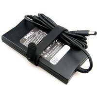 Black Dell V3KCV power adapter with coiled cable and label, rectangular design with rounded edges.