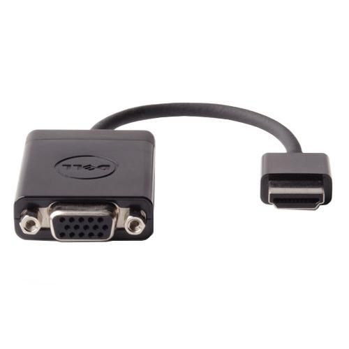 Black HDMI to VGA adapter with a short cable, featuring a VGA port on one end and an HDMI connector on the other, marked with the Dell logo.