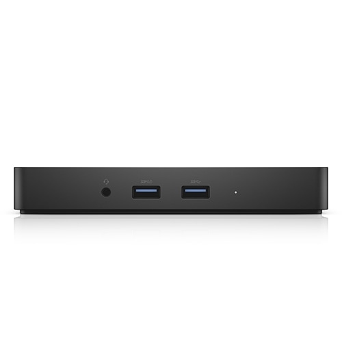 Black DELL WD15 docking station with a sleek design, featuring USB 3.2 Gen 1 Type-C ports, two USB ports, and a power connector on the front panel.