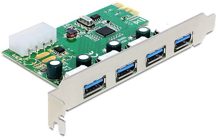 Internal USB 3.2 Gen 1 interface card with a green circuit board, featuring four blue USB ports, silver metal bracket, and additional electronic components.