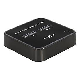 Black rectangular docking station with two M.2 NVMe PCIe SSD slots, labeled for cloning, featuring a sleek plastic design and a power button on the side.