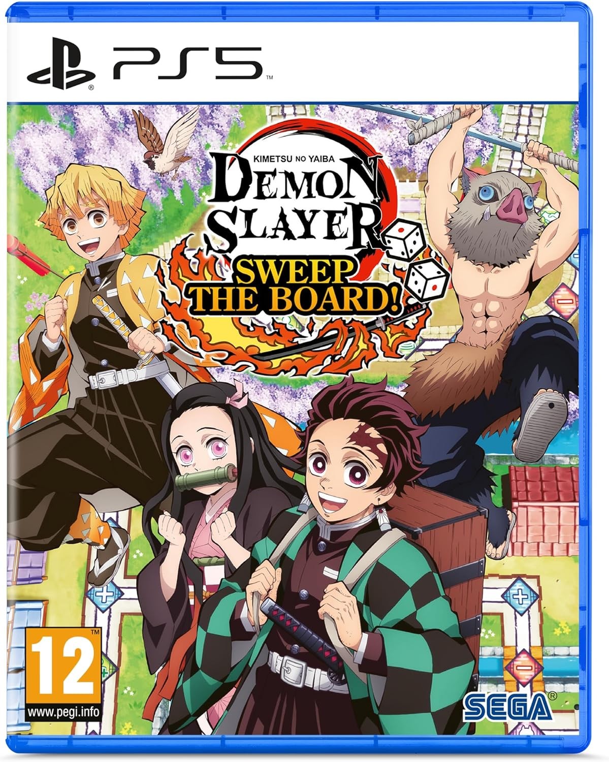 "Demon Slayer -Kimetsu No Yaiba- Sweep the Board! for PS5 features vibrant colors with characters Tanjiro, Nezuko, Zenitsu, and Inosuke against a colorful background."