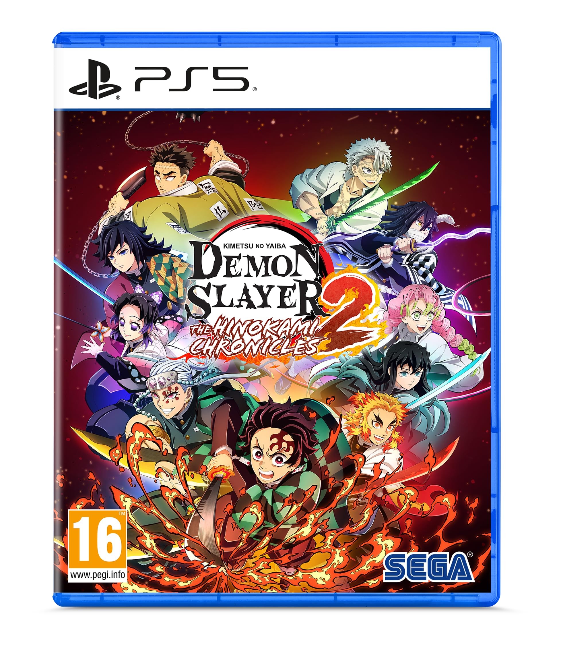 Demon Slayer -Kimetsu No Yaiba- The Hinokami Chronicles 2 for PS5 features vibrant artwork with characters in action poses, set against a colorful background, in a blue case.