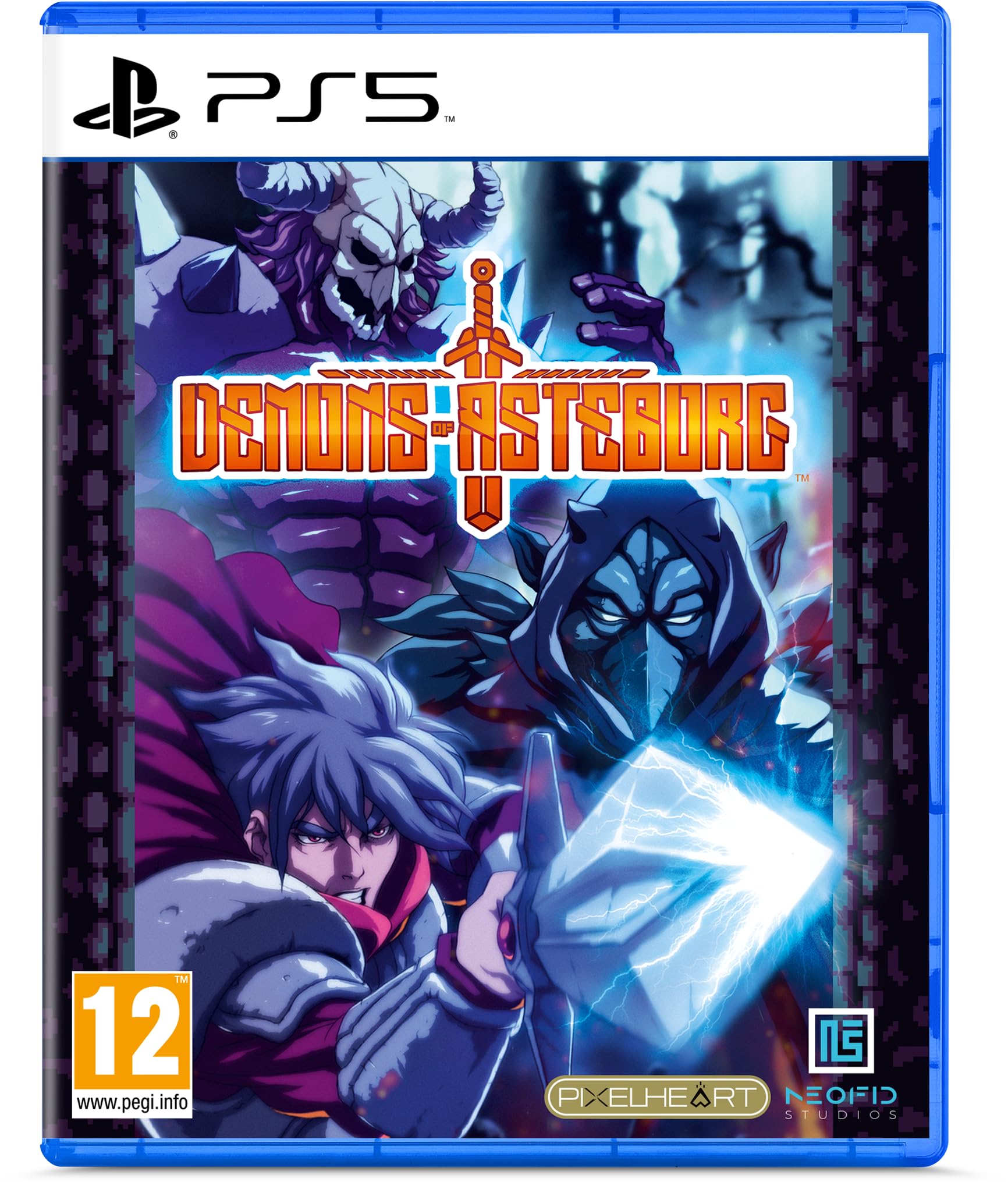 Cover art for "Demons of Asteborg" on PS5 features vibrant colors with characters in action, including a horned demon and a warrior wielding a glowing crystal, set against a fantasy backdrop.