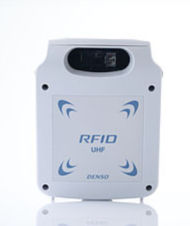White DENSO SP1-QUBi RFID reader featuring Bluetooth and USB connectivity, with a sleek design and blue accents, ideal for efficient data capture.