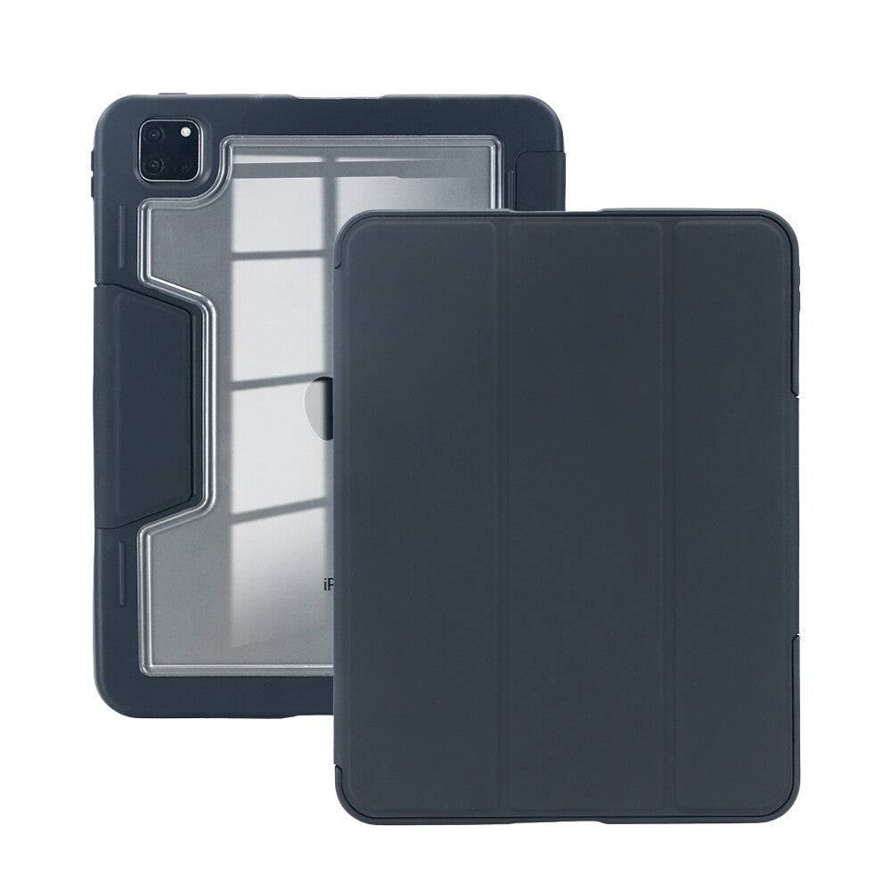 Black folio tablet case with a sleek design, featuring a clear back cover and a textured front, designed for 11-inch devices, offering protection and style.