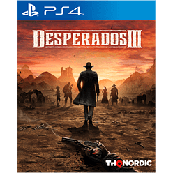 Desperados 3 for PlayStation 4 features a dramatic western scene with a lone cowboy in a long coat against a sunset backdrop, showcasing a gun and rugged terrain.