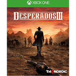 Desperados 3 for Xbox One features a cowboy in a long coat walking through a dusty landscape, with a revolver and dramatic mountains in the background.