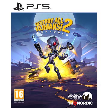 Cover art for "Destroy All Humans 2 - Reprobed" features a cartoonish alien holding a ray gun, set against a colorful sci-fi landscape, with PS5 branding and a 16+ rating.