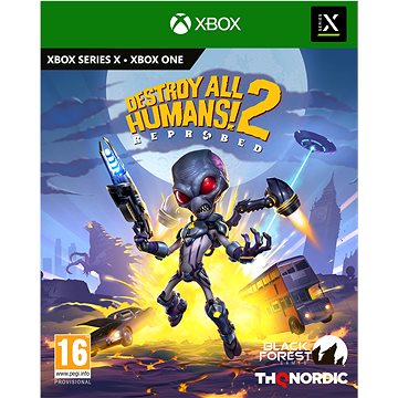 Cover art for "Destroy All Humans 2 - Reprobed" features a cartoon alien wielding a ray gun, vibrant colors, with a bus and cityscape in the background, framed by Xbox branding.
