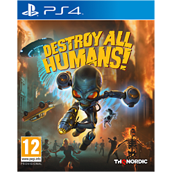 Cover art featuring a cartoonish alien with large eyes and a menacing expression, running amidst a chaotic cityscape with UFOs and explosions, prominently displays "Destroy All Humans!" title.