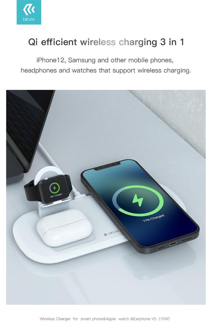 White, sleek charging pad with three sections for an iPhone, AirPods, and smartwatch, featuring a green charging indicator and a minimalist design.