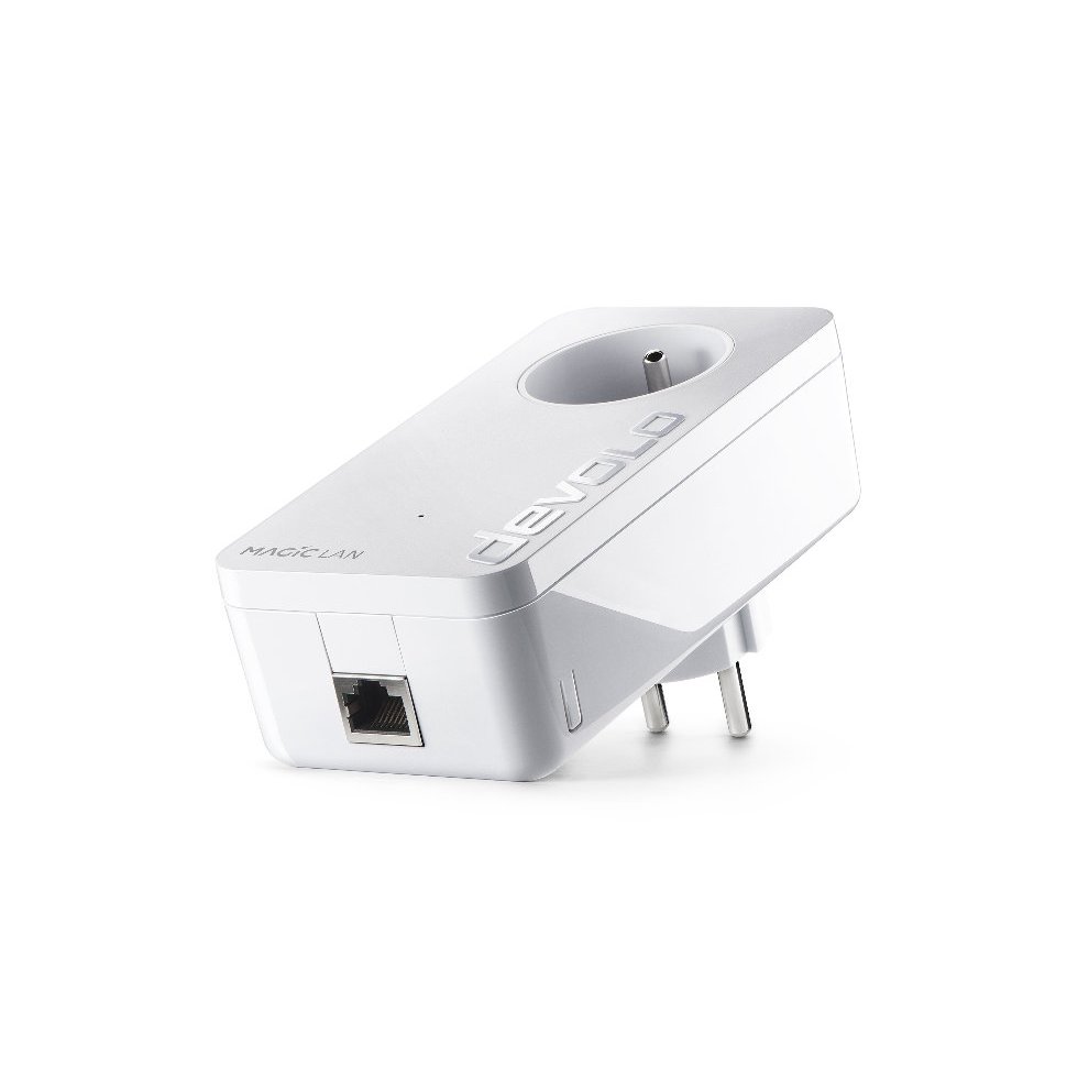 White Devolo Magic 2 LAN Powerline adapter with a single Ethernet port and a power socket, featuring a sleek, modern design and the Devolo logo prominently displayed.
