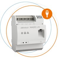 White Devolo Magic 2 LAN DINrail Ethernet adapter with multiple ports and LED indicators.
