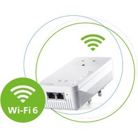 White Devolo Magic 2 WiFi 6 adapter with dual Ethernet ports and Wi-Fi symbol, compact rectangular design.