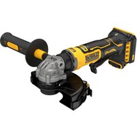 DeWalt cordless angle grinder, yellow and black, brushless motor, 125mm disc, ergonomic handle.