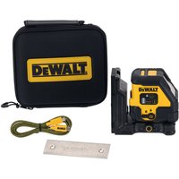 DEWALT red beam laser level with USB-C port, black and yellow casing, includes carrying case and charging cable.