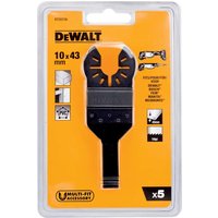 DeWalt DT20706 black oscillating saw blade with curved teeth, packaged in clear plastic with yellow backing.