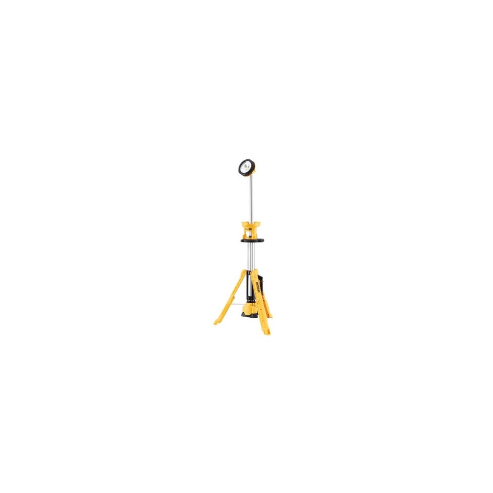 DEWALT DCL079 XR LED Tripod Light features a sturdy yellow and black design, adjustable height, and a round light head, ideal for illuminating workspaces.