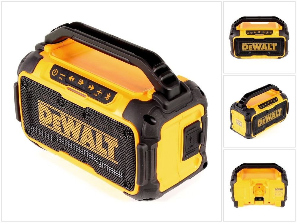 Black and yellow DEWALT DCR011 Bluetooth® speaker with a rugged design, featuring control buttons on the top, a mesh speaker grille, and a sturdy handle for portability.