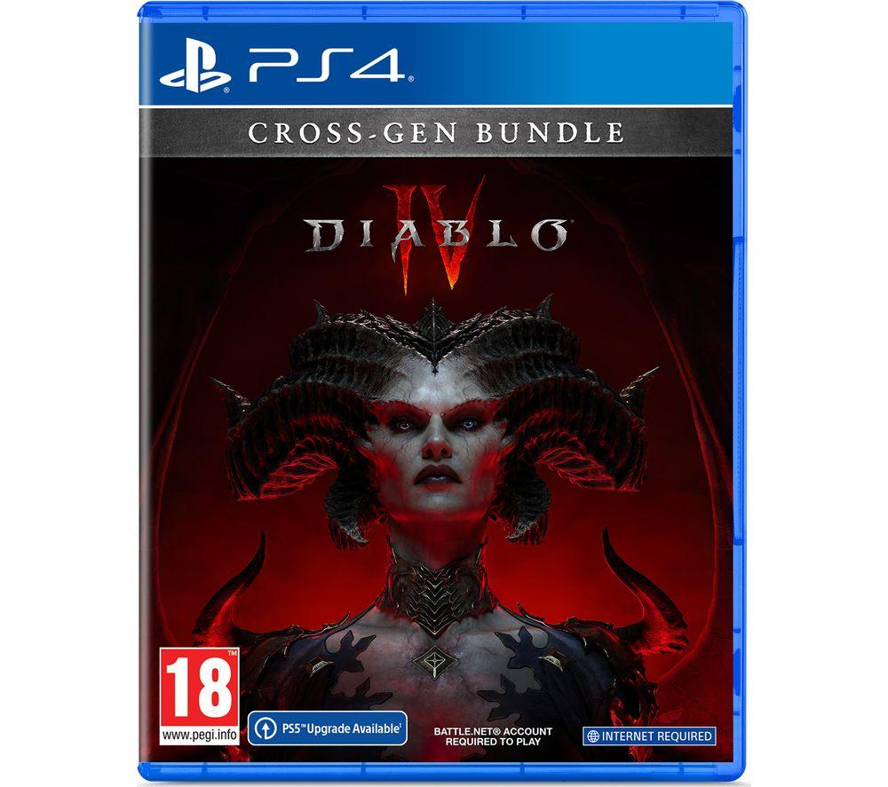 PS4 game case for Diablo IV featuring a dark, menacing character with horns on the cover, bold red and black colors, and a "18" age rating in the bottom corner.