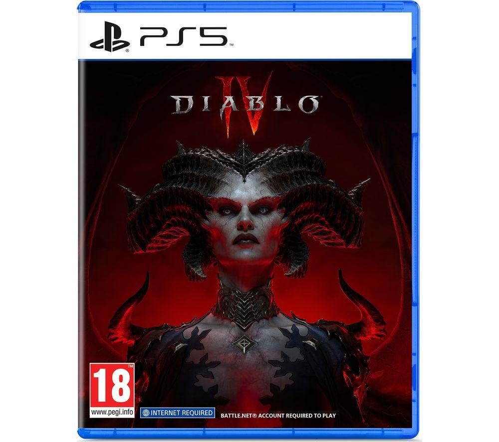 Diablo IV for PS5 features a striking blue case, with a dark, menacing cover art depicting a horned character against a red background, and an age rating of 18 prominently displayed.
