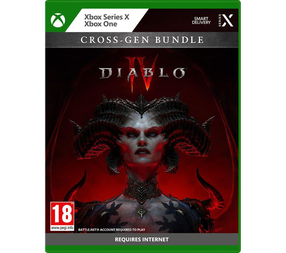 Diablo IV game box for Xbox Series X, featuring a dark cover with a demonic female figure, red and black color scheme, and prominent "18" age rating.