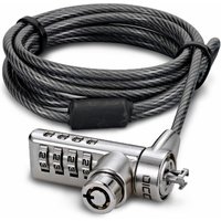 Black and stainless steel Dicota cable lock, 2m long, with combination lock and coiled cable.