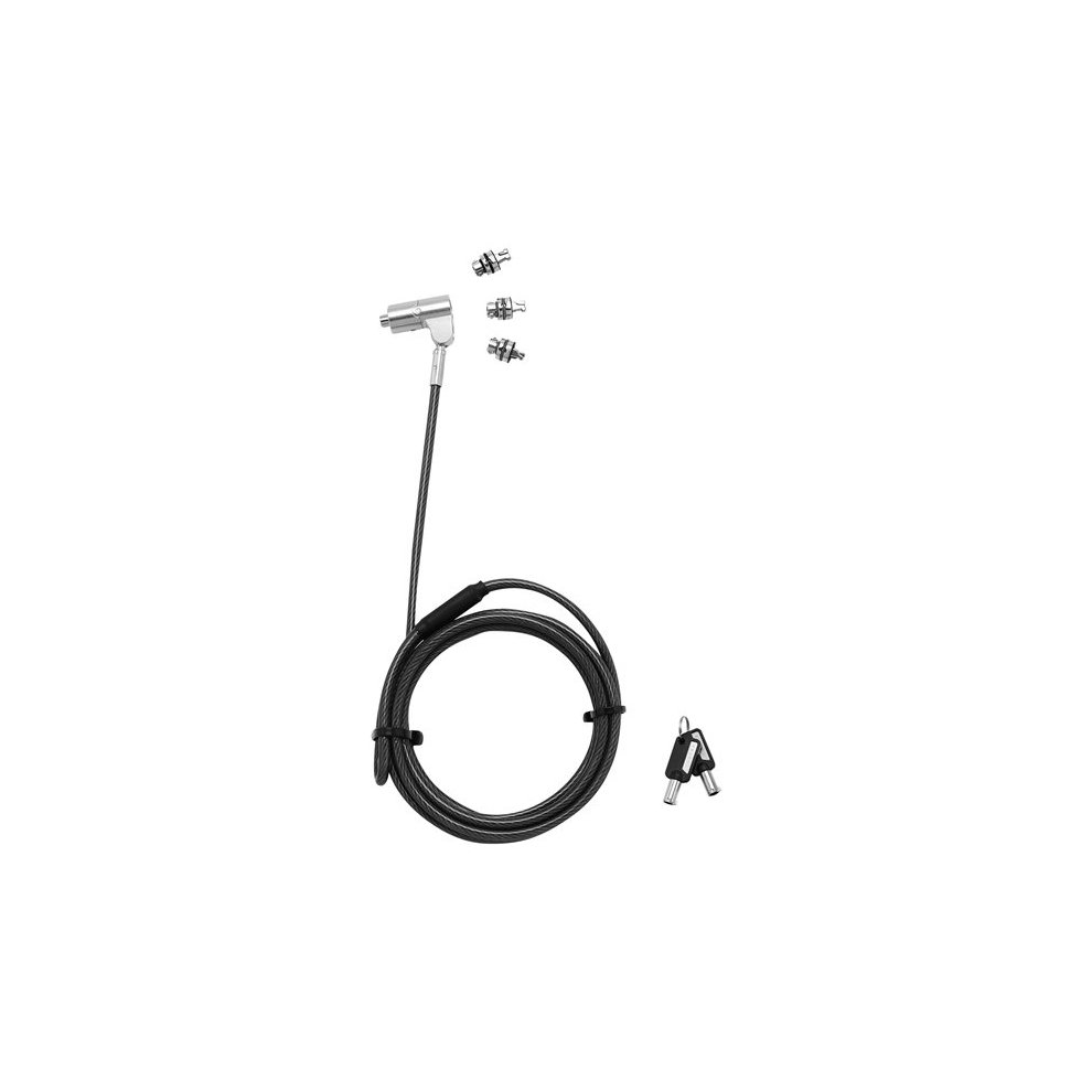 Black 2-meter cable lock with a silver locking mechanism, featuring three interchangeable tips for securing devices and two keys included.