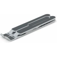 Black and silver Dicota D31889 laptop stand, foldable design with rubberized grips and adjustable angles.