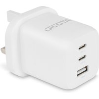 White Dicota universal fast charger with three USB ports and compact design.