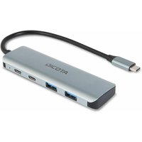 Silver Dicota USB Type-C hub with multiple ports and black cable.