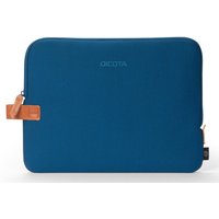 Navy blue Dicota laptop sleeve with brown zipper accents, fits 14-inch laptops, eco-friendly RPET material.