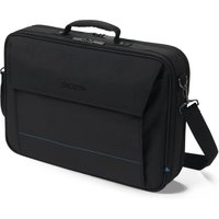 Black Dicota laptop briefcase with handle, shoulder strap, and front pocket, fits 16-inch laptops.