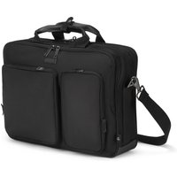 Black Dicota laptop briefcase with dual front pockets, top handles, and adjustable shoulder strap.