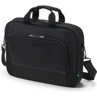 Black Dicota laptop briefcase with dual handles, front zip pocket, and detachable shoulder strap for 14-inch laptops.