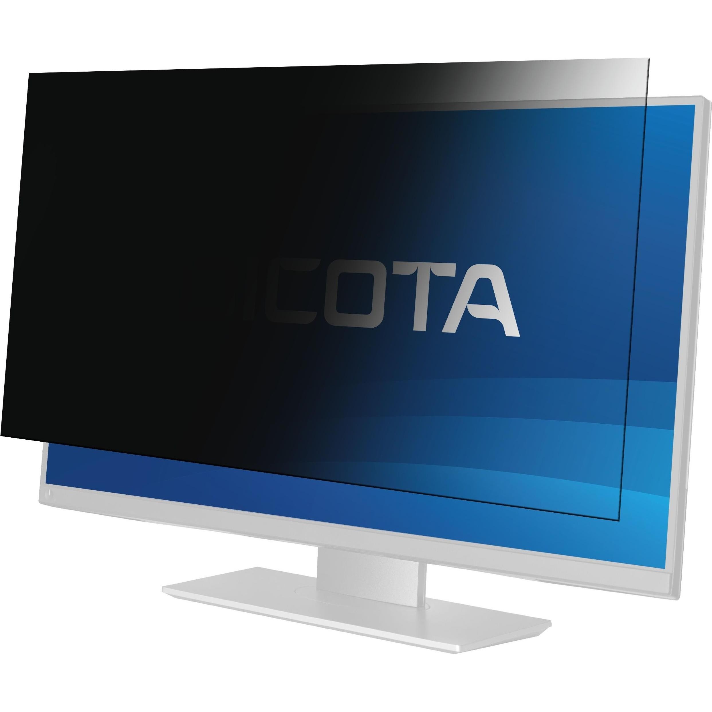 Black privacy filter partially covering a 34-inch monitor with a sleek white frame, designed to reduce screen visibility from side angles while maintaining clarity for the user.