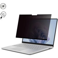Black Dicota laptop screen protector with privacy filter, shown on a silver laptop with thin bezels.