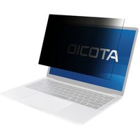 Transparent Dicota laptop screen protector partially covering a laptop, showing a black privacy filter effect.