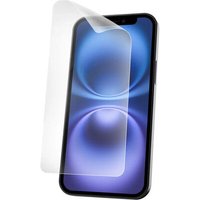 Anti-glare screen protector for Apple phone, transparent with rounded edges, partially applied on phone screen.