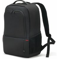 Black Dicota Eco Backpack Plus 15.6" with padded straps, front pocket, and side mesh pocket.