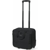 Black DICOTA laptop roller bag with telescopic handle, front pocket, and padded compartments for 13-16 inch laptops.