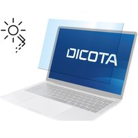 Frameless Dicota privacy filter for 14" laptop, transparent with blue tint, showing sun protection icon.