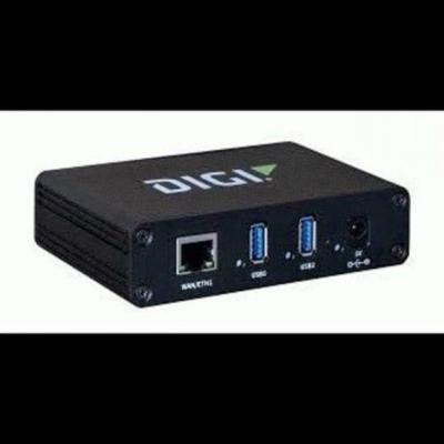 Black Digi AW02-G300 interface hub featuring USB 3.2 Gen 1 Type-A ports, an Ethernet port, and a power input, with a prominent white Digi logo on the top.